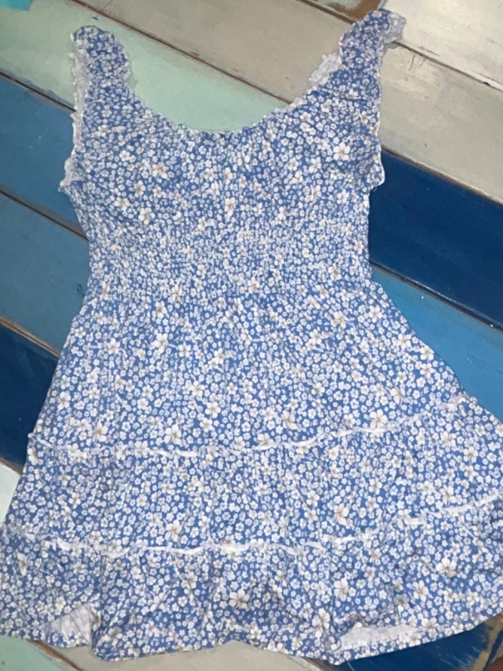 Ocean Drive Womens Large Blue White Floral Smocked Mini Dress Ruffle Sleeveless